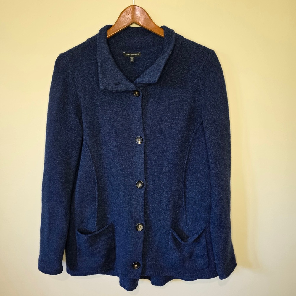 Eileen Fisher Cardigan Womens Medium Blue Lambswool Cashmere Knit Collared